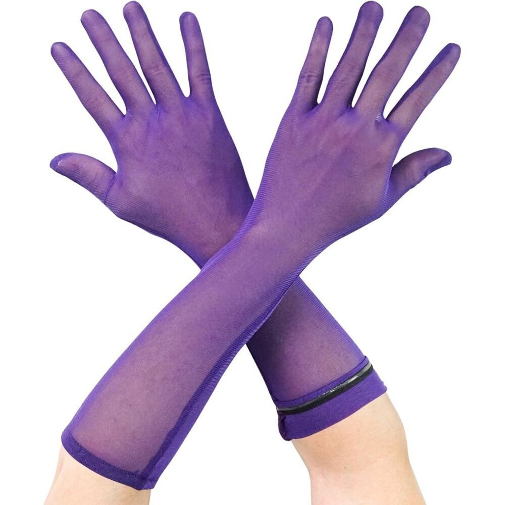 Women's Purple Tulle Mesh Elbow Length Gloves Wedding Party Dress Costume